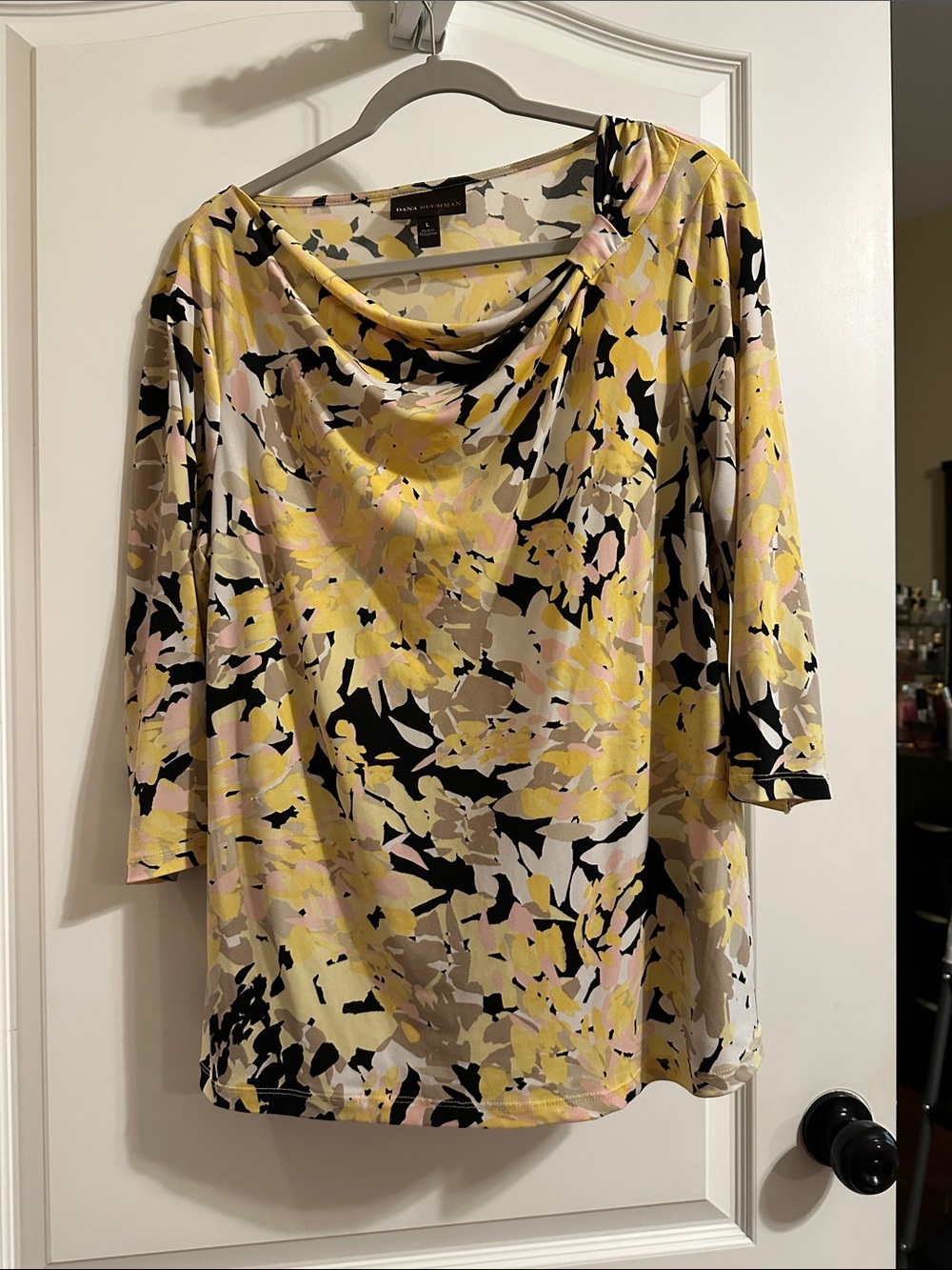 Dana Buchman Yellow Black Pink Floral Print Cowl Neck Top